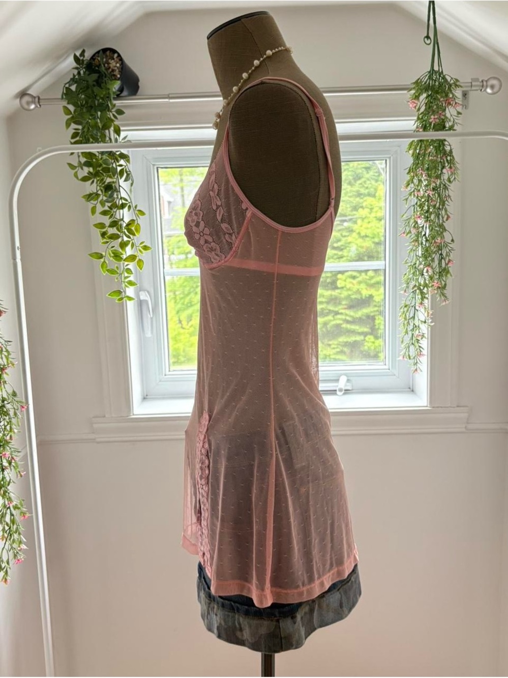 Sheer Pink Lace Slip Cami with Floral Pattern - Picture 2 of 5